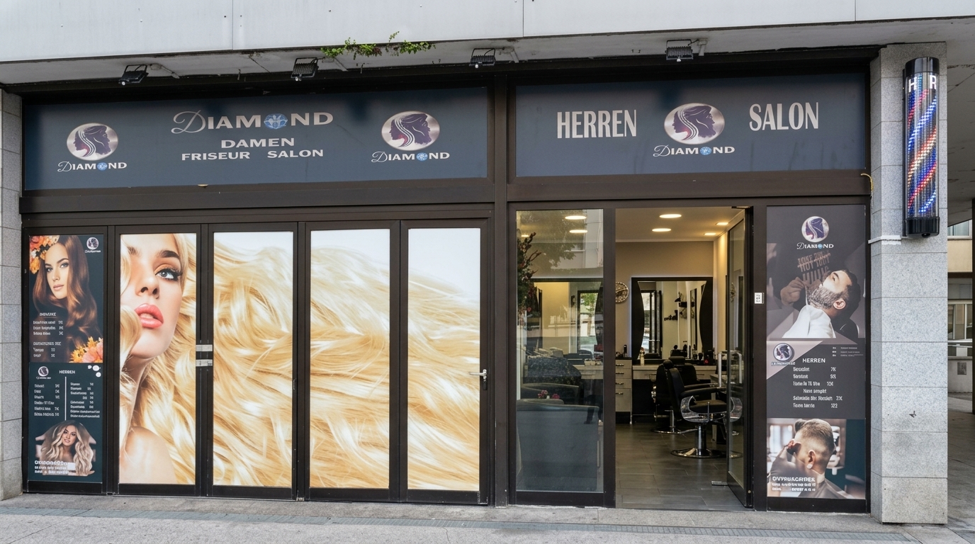 Außenansicht: Ladenfront des Friseursalons DIAMOND mit Damen- und Herrensalon