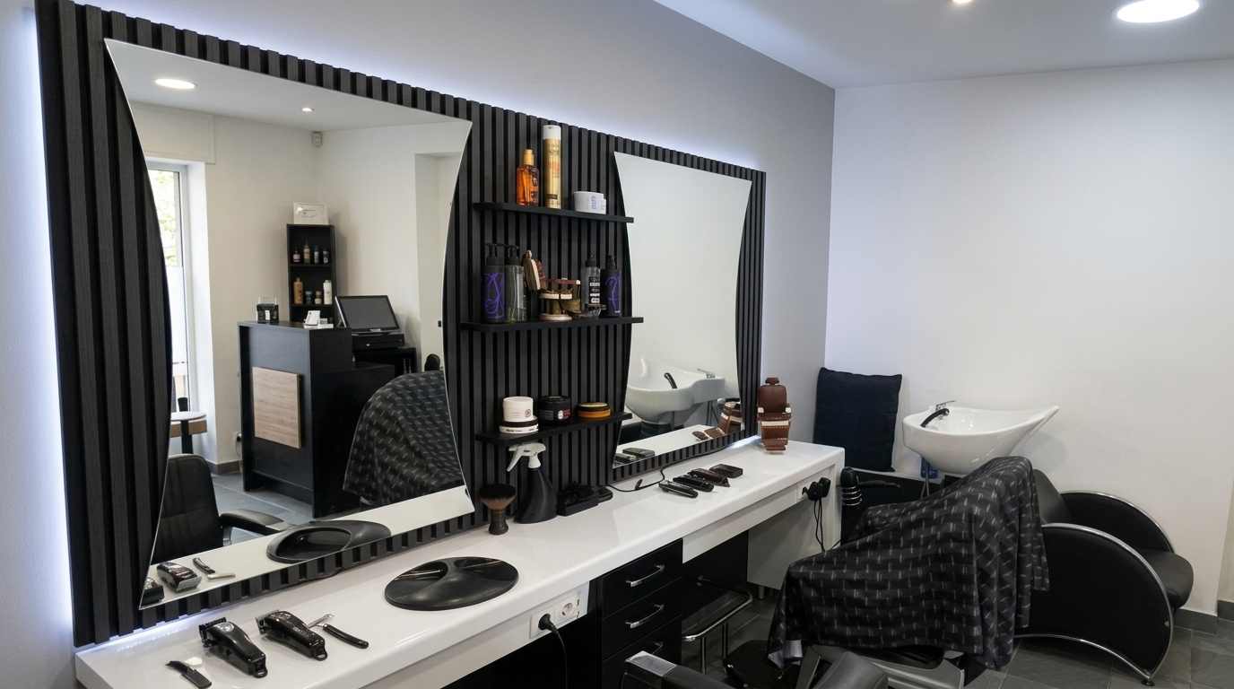 Herrenplatz mit Barber-Werkzeug und Waschplatz
